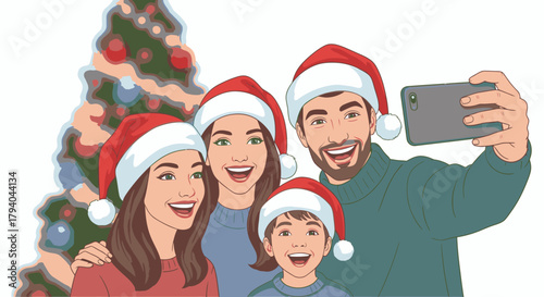 Happy family wearing Santa hats takes a Christmas selfie with a smartphone in front of a decorated tree.