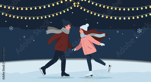 A couple holding hands while ice skating under a string of festive lights at night.