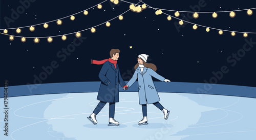 A couple holding hands while ice skating under a string of lights at night.