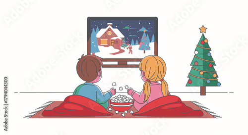 Children watching a Christmas movie with popcorn near a tree.
