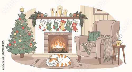 Cozy Christmas living room scene with a decorated tree, fireplace with stockings, an armchair, and a sleeping cat.