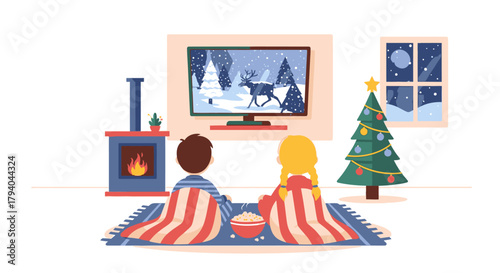 Two children wrapped in blankets watch a Christmas movie on TV by a fireplace and decorated tree.