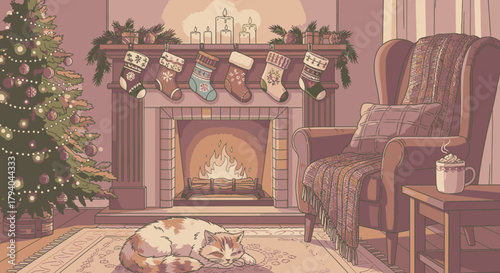 Cozy pixel art Christmas living room with a sleeping cat by a warm fireplace and decorated tree.