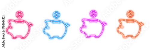 Neon glowing piggy bank vector icons set, money, saving, finance, investment, wealth, colorful digital design illustration on  transparent background.
