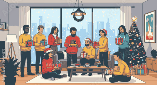 Group of people exchanging gifts in a cozy living room during Christmas.
