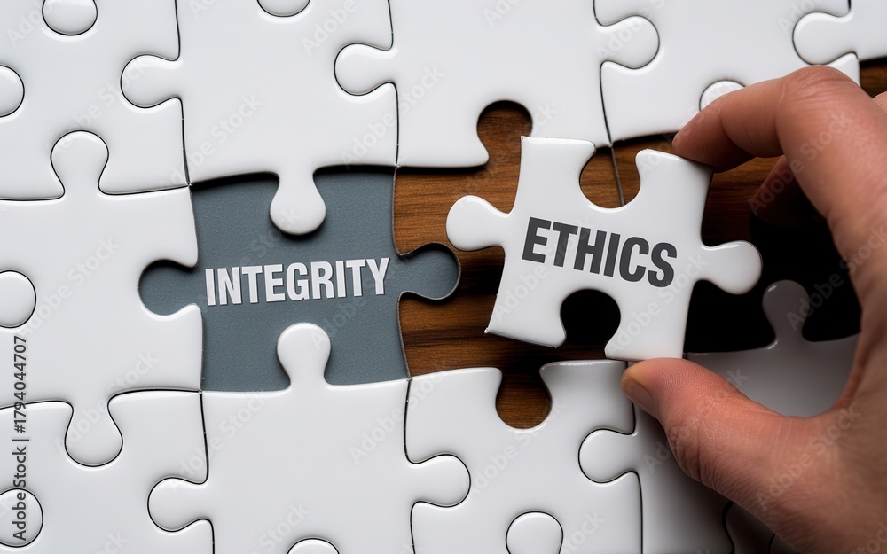Fototapeta premium Hand placing the ethics puzzle piece into integrity puzzle