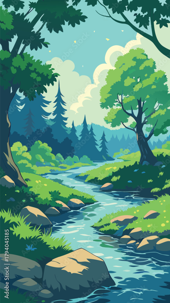 Fototapeta premium Forest stream with rocks and trees
