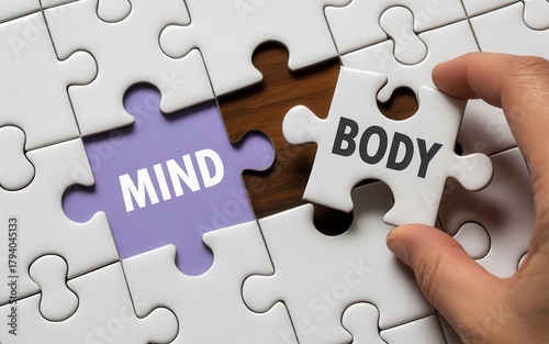 Hand placing a puzzle piece labeled body into a mind body connection