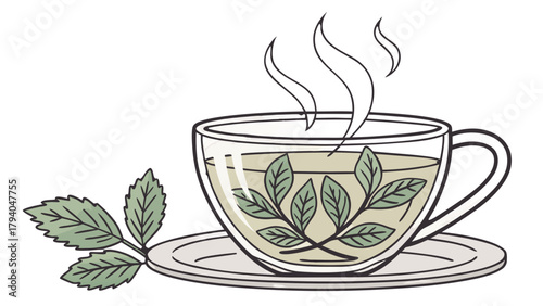 A cup of herbal tea with steam rising and leaves inside, sitting on a saucer with leaves beside it