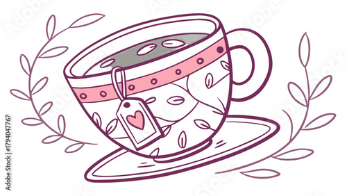 Stylized teacup with heart tag and floral accents in a whimsical line art illustration style