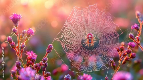 Spiderweb with spider amidst vibrant pink flowers under sunlight