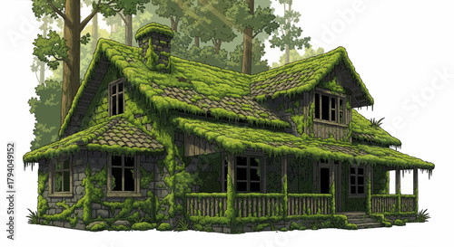 Vector illustration of an old house covered in thick green moss, with moss growing on walls, roof tiles, windowsills, and stone foundation.