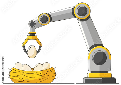 A robotic arm swiftly collects eggs from a nest. Industrial, modern illustration with a focus on speed and efficiency. Bright, clean design.