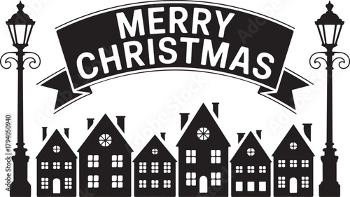 Merry Christmas vintage town scene vector silhouette. Winter holiday landscape with a snowy village and street lamps