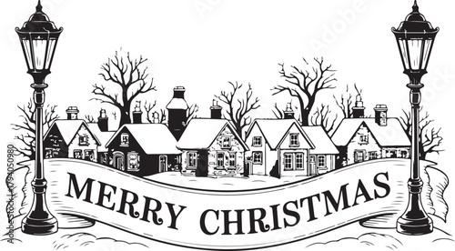 Merry Christmas winter village scene vector illustration. Vintage hand-drawn snowy town landscape with street lamps and banner