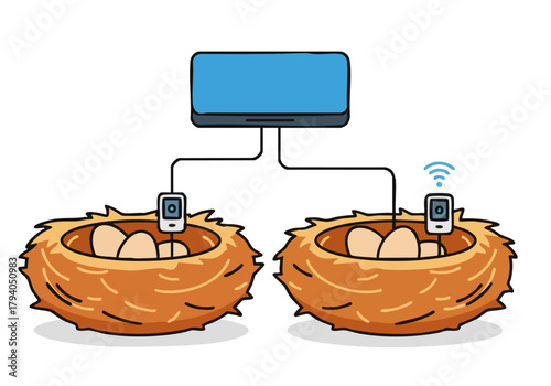 Two smartphones connect to a smart TV via Wi-Fi, symbolized by bird nests. Modern, clean design. Suitable for tech and home automation concepts.