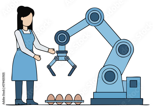 A woman oversees a robotic arm setting eggs, showcasing automation and human-robot collaboration. Clean, modern illustration.