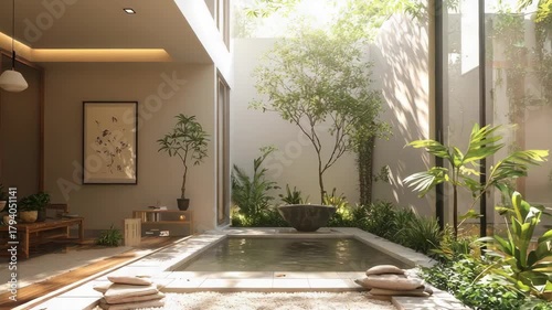 Tranquil interior with water feature and greenery