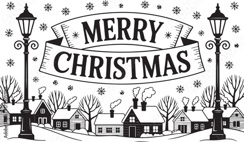 Merry Christmas winter village scene vector illustration. Vintage hand-drawn snowy town landscape with street lamps and banner
