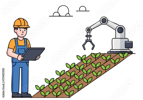 A worker oversees robotic harvesting in a field, using a tablet. Modern agricultural technology, showcasing efficiency and precision. Clean, bright illustration.
