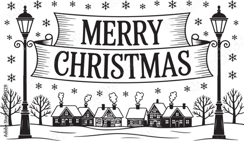 Merry Christmas winter village scene vector illustration. Vintage hand-drawn snowy town landscape with street lamps and banner