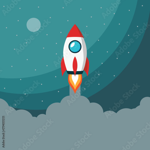 Cartoon rocket launching at night vector illustration. Business success vector concept. Rocket launch icon at midnight, representing a successful startup or project development