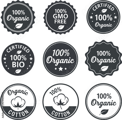 Set of vintage organic certified badges labels seals stamps for natural products and businesses vector