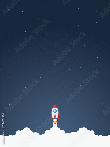 Minimalist cartoon rocket launching at night background. Flat design startup business vector. Rocket taking off with massive smoke, symbolizing new growth, aspiration, and successful project launch
