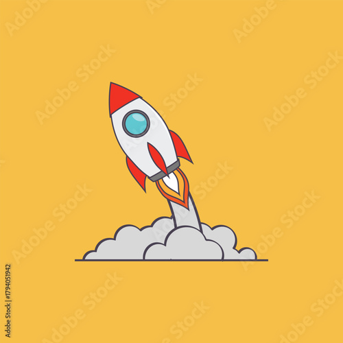 Cartoon rocket ship launching vector on yellow background. Flat line art illustration for startup, new project, or success concepts