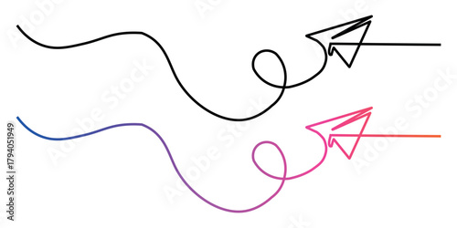 Simple continuous line drawing of paper airplanes soaring with whimsical path and vibrant gradient conveying the idea of innovation and modern communication