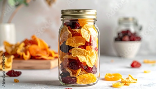 Fototapeta Naklejka Na Ścianę i Meble -  A close-up shows a clear jar filled with a colorful medley of dried fruits, with more fruits on a small wooden board