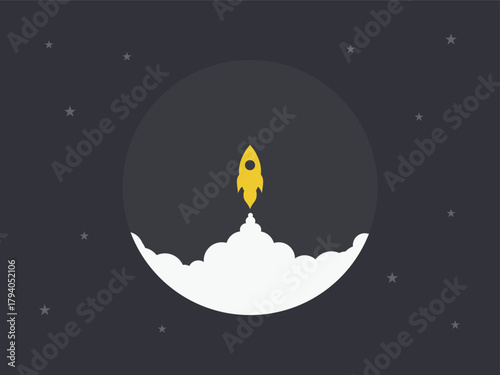 Ultra minimalist yellow rocket launch vector illustration. Simple flat design icon for business startup, progress, and success concepts. Abstract rocket taking off from a circle shape
