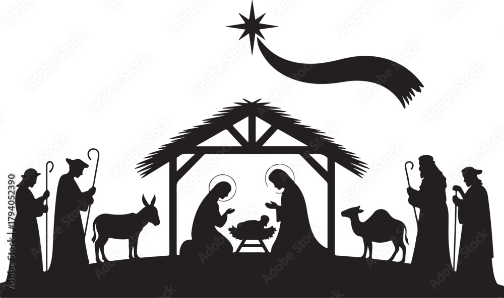 Fototapeta premium Nativity with wise men and animals vector