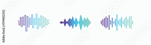 Set of colorful audio sound wave vector icons. Modern digital equalizer lines for music, podcast, voice recording, and technology concepts. Collection of abstract gradient sound waves