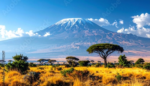 Majestic Mount Kilimanjaro Summit Snow Capped African Savannah Landscape.