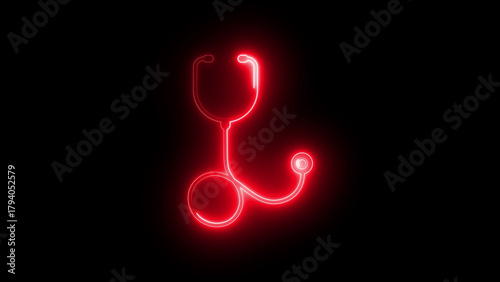 Neon stethoscope icon glowing medical symbol, futuristic healthcare sign, digital doctor tool graphic, 