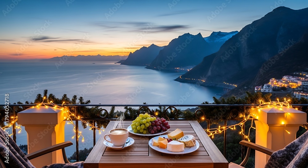 Naklejka premium A beautiful sunset view from a balcony with a table set for a meal, overlooking the ocean and mountains, creating a peaceful and romantic atmosphere