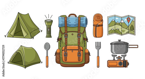 Camping gear illustration featuring a tent, backpack, flashlight, map, utensils, cooking pot and sleeping bag.