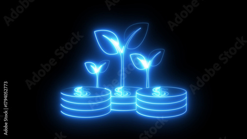 Neon seedlings planted in a field on black background, glowing young plants growth concept, digital agriculture and sustainability symbol, eco farming sprout graphic, futuristic nature