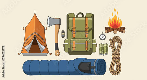 Camping equipment arranged on a light background including a tent, axe, backpack, fire, and sleeping bag.