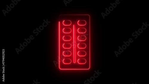 Neon capsule strip icon glowing medicine blister pack symbol, digital pharmaceutical drug graphic, bright healthcare medical pill packaging interface for pharmacy, treatment and health service