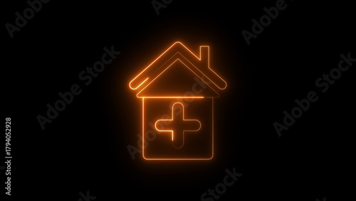 Neon hospital icon glowing healthcare building symbol, modern medical center graphic, bright emergency clinic sign for health service interface