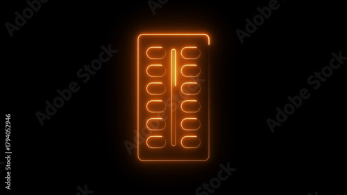 Neon capsule strip icon glowing medicine blister pack symbol, digital pharmaceutical drug graphic, bright healthcare medical pill packaging interface for pharmacy, treatment and health service