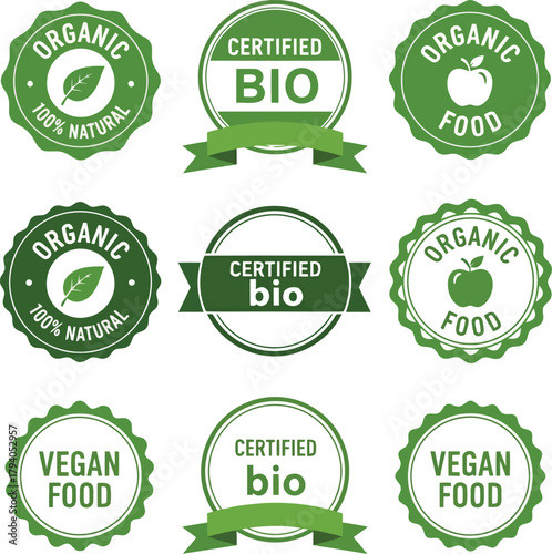 Certified organic food labels vegan bio stamp set green healthy eco natural product badges vector collection vector