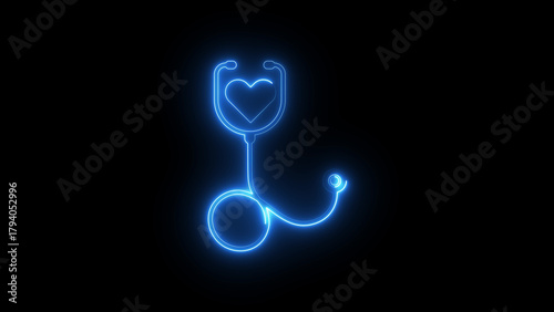 Heart icon inside neon stethoscope animation on black background, glowing medical health check symbol, modern neon cardiology and healthcare diagnostic icon for hospitals