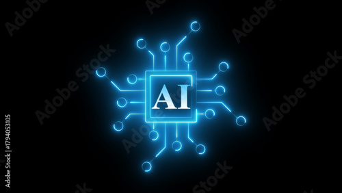 Neon AI chip circuit icon glowing artificial intelligence processor symbol, futuristic digital technology board design, bright electronic chipset interface for machine learning and smart computing sys
