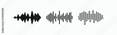 Set of black minimalist sound wave vector icons. Simple flat line and solid audio equalizer bars for music, podcast, and voice technology concepts