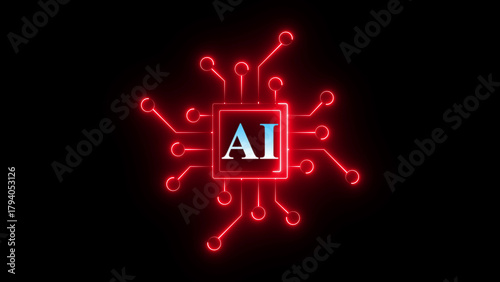 Neon AI chip circuit icon glowing artificial intelligence processor symbol, futuristic digital technology board design, bright electronic chipset interface for machine learning and smart computing sys