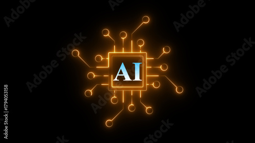 Neon AI chip circuit icon glowing artificial intelligence processor symbol, futuristic digital technology board design, bright electronic chipset interface for machine learning and smart computing sys