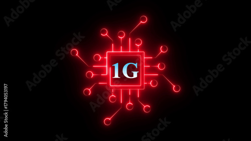 Neon 1G chip circuit icon glowing mobile network symbol, digital communication technology chipset graphic, bright electronic board interface for wireless connectivity and telecom system